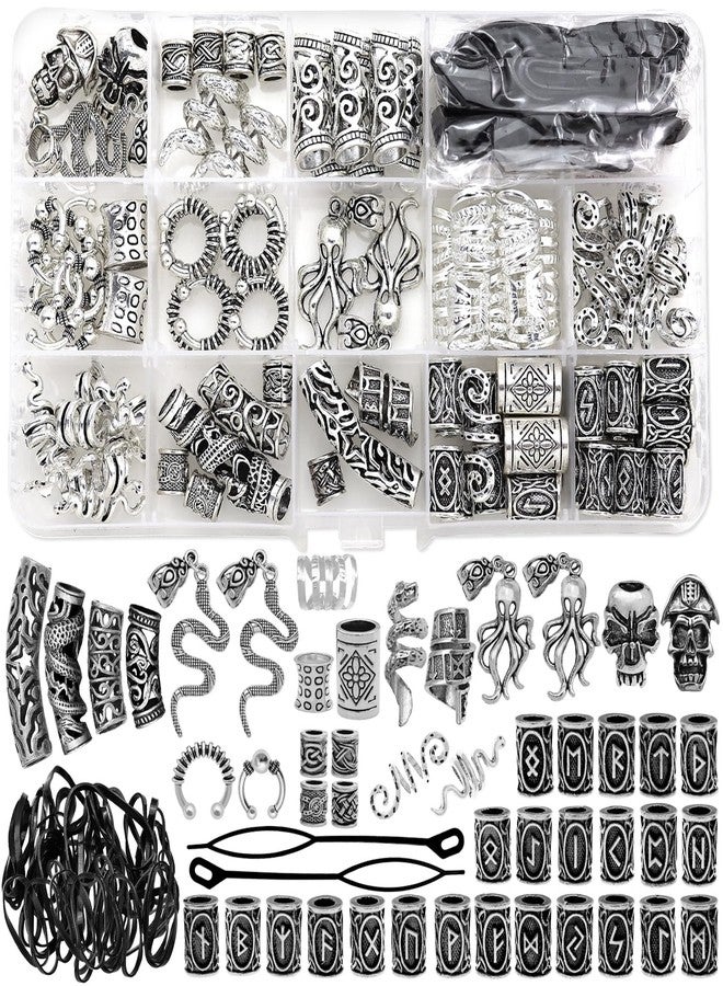Fscwlmon 207Pcs Viking Hair Jewelry Nordic Runes Tube Beads,Accessories Kit for Braids Dreadlock Beard Locs,Metal Clips Cuff Rings,Braiding Beard Decoration Bracelets Pendant Necklace DIY Silvery - Image 1